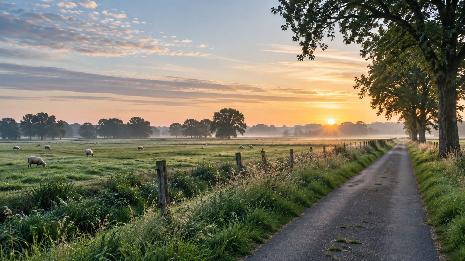 Schmale Landstraße entlang von Weiden und alten Bäumen im Morgenlicht in Norddeutschland